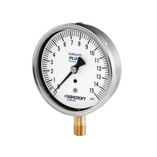 Mechanical Pressure Gauge, Dry, 0 to 1000 psi, 1/4 in MNPT, 3-1/2 in Dia Dial, +/-1%, 0.2 psi, Dial Display, -40 to 150 deg F, Stem Mount, 3.89 in dia,  1-1/4 in dp