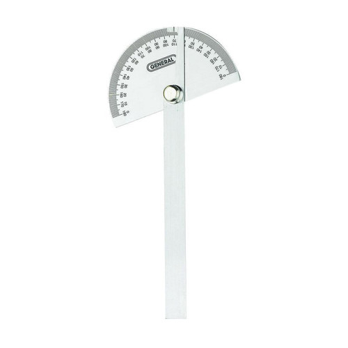 Angle Protractor, 0 to 180 deg, 6 in Lg, Stainless Steel, Round 