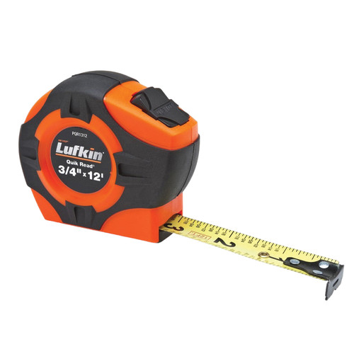 Measuring Tape, Imperial, 12 ft Lg Blade, 3/4 in Wd Blade, Steel Blade, 1/16 in, Power Return Rewind, Automatic/Toggle, Dual Rivet End,  Self-Compensating End