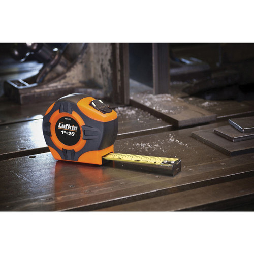 Measuring Tape, Single Sided, Imperial, 25 ft Lg Blade, 1 in Wd Blade, Steel Blade, 1/16 in, 9 ft Standout, Power Return Rewind, Automatic/Toggle, Closed Case