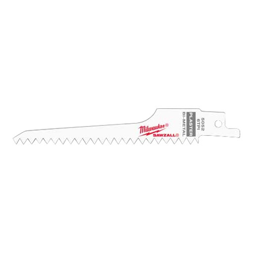 Reciprocating Saw Blade, Tapered Back, 5 in Lg, 3/4 in Wd, 0.05 in Thk, Matrix II Teeth, 1/2 in Tang, Universal/Toothed Edge Tang, Bi-Metal Cut Edge, Bright