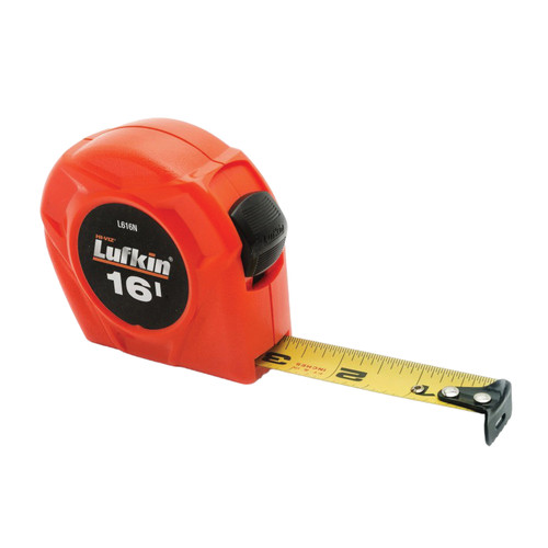 Measuring Tape, Imperial, 16 ft Lg Blade, 3/4 in Wd Blade, Steel Blade, 1/16 in, Power Return Rewind, Toggle, Serrated End, Closed Case, Bright Orange Case