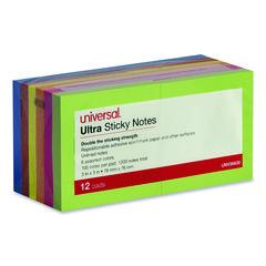 Universal® Ultra Sticky Note Pads, 3" x 3", Assorted, 100 Sheets/Pad, 12 Pads/Pack