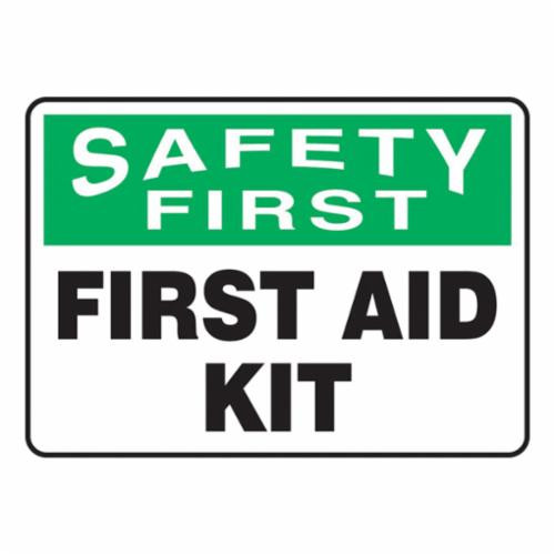 Accuform® MFSD900VS Safety First Sign, SAFETY FIRST, 7 in H x 10 in W, Green/Black on White, Self-Adhesive Vinyl, Fastened Mount