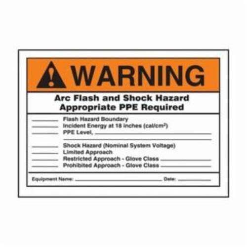 Accuform® LELC318 Flexible Warning Safety Label, 5 in L x 3-1/2 in W, WARNING (ANSI) - ARC FLASH AND SHOCK HAZARD APPROPRIATE PPE REQUIRED (WITH DETAILS) Legend, Black/Orange/White, Adhesive Dura-Vinyl™, 1 per Pack Labels