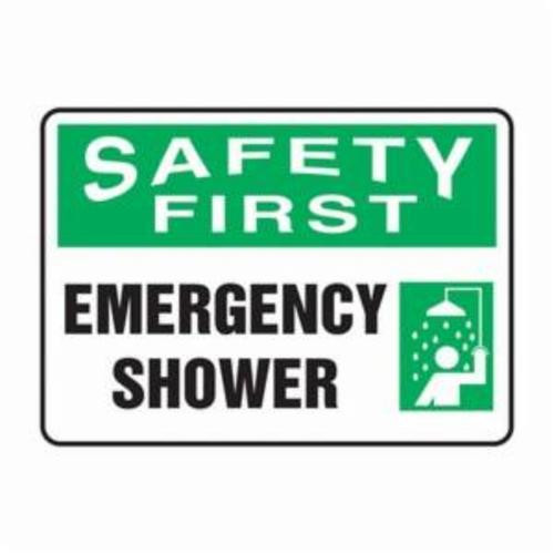 Accuform® MFSD902XV Emergency Exit Sign, SAFETY FIRST, 10 in H x 14 in W, Adhesive Dura-Vinyl™
