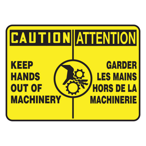 Accuform® FBMEQT603MVS Bilingual Safety Sign, CAUTION, 10 in H x 14 in W, Adhesive Vinyl, Adhesive Mount