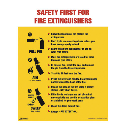 Accuform® Safety Poster™ SP124488L Laminated Safety Poster, SAFETY FIRST FOR FIRE EXTINGUISHERS, 22 in L x 17 in W
