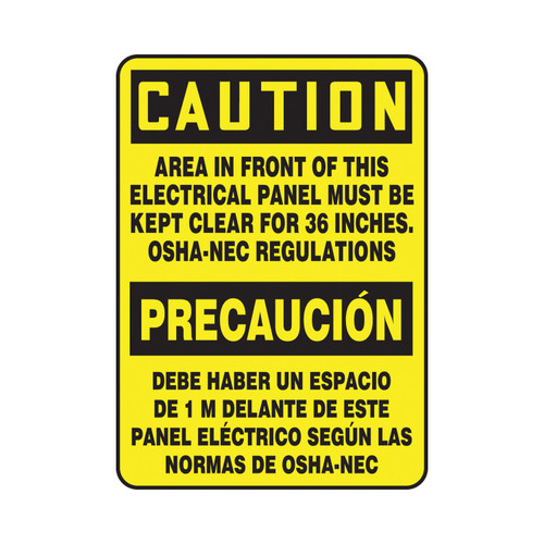 AREA IN FRONT OF THIS ELECTRICAL PANEL MUST BE KEPT CLEAR FOR 36 INCHES. OSHA-NEC REGULATIONS/PRECAUCION DEBE HABER UN ESPACIO DE 1 M DELANTE...