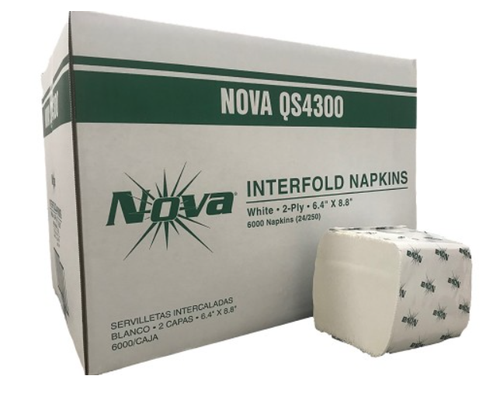 NOVA INTERFOLD NAPKINS, WHITE, 2 PLY, 6.4 X 8.8, 6000/CS