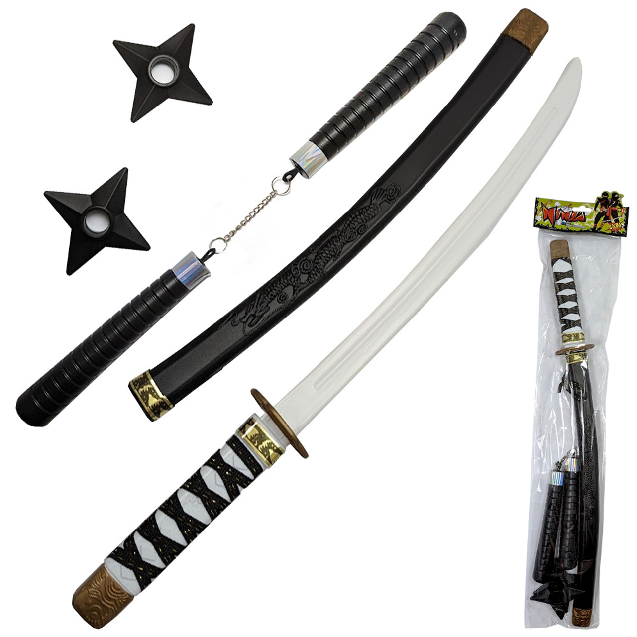 2x Sets of Boys Kids Plastic Ninja weapons toys shuriken, nunchucks, sword  sets