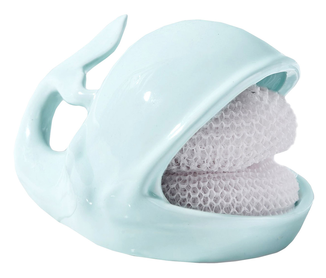 Nautical Kitchen and Bath Accessories Two's Company Willy the Whale Aqua  Blue Ceramic Sponge Holder with Scrubbies (3pc Set)