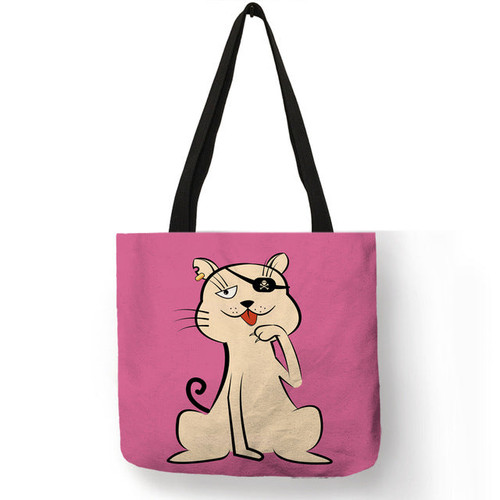 Cartoon Animal Cat Print Tote Bag For Women Folding Reusable Shopping Bags Linen Handbags Pouch