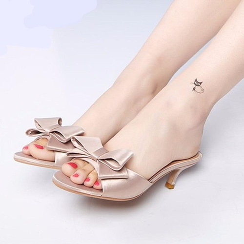 Sexy Silk Satin Bow Genuine Leather Thin High heels Sandalias Peep Toe Shoes Women Pumps party wedding