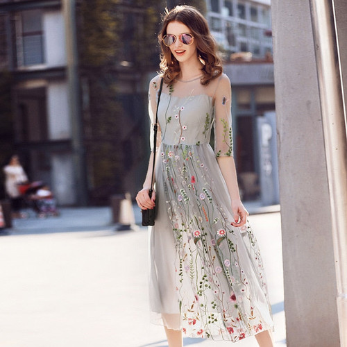 Women Runway Lace Dress Spring Women's Elegant Half Sleeve Tulle Gauze Flower Floral Embroidery Long Dress Female Vestido