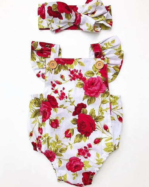 Cute Floral Romper 2pcs Baby Girls Clothes Jumpsuit Romper+Headband 0-24M Age Ifant Toddler Newborn Outfits Set Hot Sale