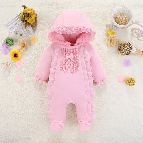 Lace Newborn Baby Girl Clothes New Winter Hooded Baby Rompers Warm Thick Cotton Outfit Jumpsuit For Children Baby Costume