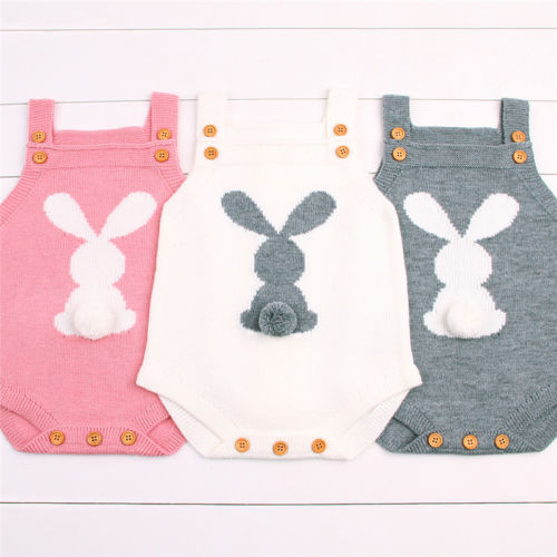 Cute Newborn Baby Boy Girls Bunny Knitting Wool Pom Pom Romper Jumpsuit Easter Outfits Set Sleeveless baby boy girls clothes
