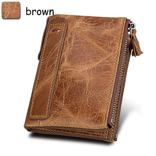 Genuine Cow Leather Men Wallets RFID Double Zipper Card Holder High Quality Male Wallets Purse Vintage Coin Holder Men Wallets