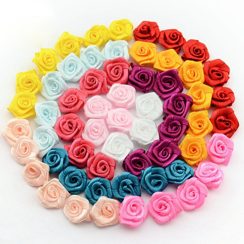 15mm 100pcs/lot Handmade Satin Rose Ribbon Rosettes Fabric Flower Bow Appliques Wedding Decor Craft Sewing Accessories DIY 1-35