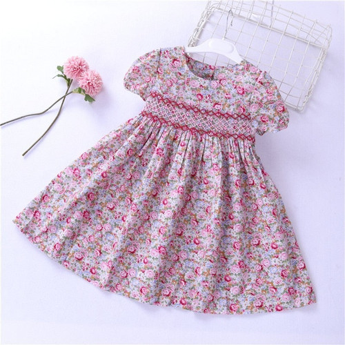 summer girl smocked dress frock baby girl clothes embroidery flower Party kids dresses For Girl's clothing princess holiday