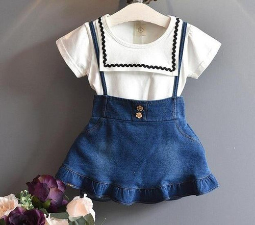 Enjoy Girls Boutique Outfits Children Clothing Summer Girls Clothes Sets Short Sleeves T-shirts +Cowboy Straps Dress