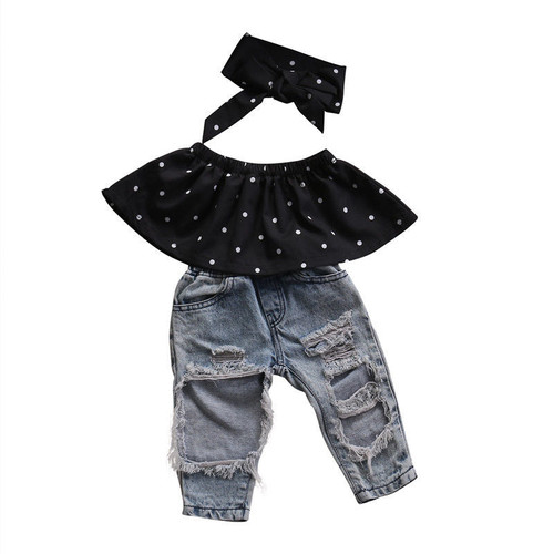 Fashion Newborn Infant Baby Girl Clothing Set Polka Dot Crop Tops+Ripped Jeans Denim Pant Headband 3PCS Children Girls Clothes