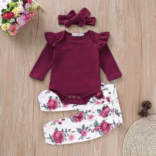 Toddler Kids Baby Girl ruffles top + Floral Pant +Headband Bow-knot Long Sleeve 3PCS infant girl Clothes 0-2 Years