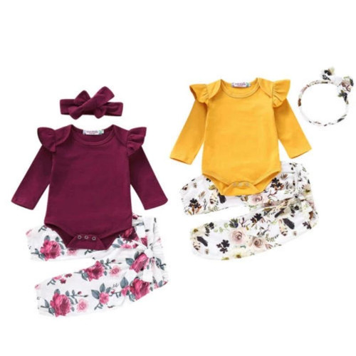 Toddler Kids Baby Girl ruffles top + Floral Pant +Headband Bow-knot Long Sleeve 3PCS infant girl Clothes 0-2 Years