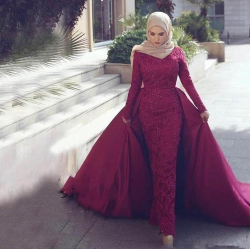 Detachable Muslim Evening Dresses Mermaid Long Sleeves Lace Beaded Formal Islamic Dubai Saudi Arabic Long Evening Gown Prom