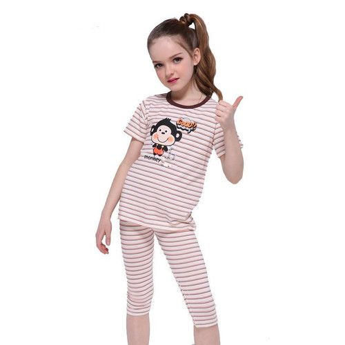 Kids Pajamas Sets For Girls Clothing Sets Striped Cartoon Boys Sleepwear Summer Children Night Outfits 4 5 7 9 11 12 Years
