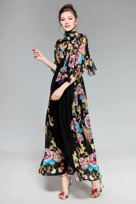 High Quality Spring New Arrival Vintage Bow Three Quarter Sleeve Elegant Print A-Line Ankle-Length Long Dress Women