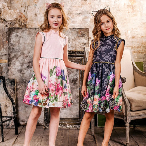 Girls Dress Summer Flower Print Chinese Style Princess Dress For Girls Kids Fashion Clothes Children Party Dress 4-12 Years