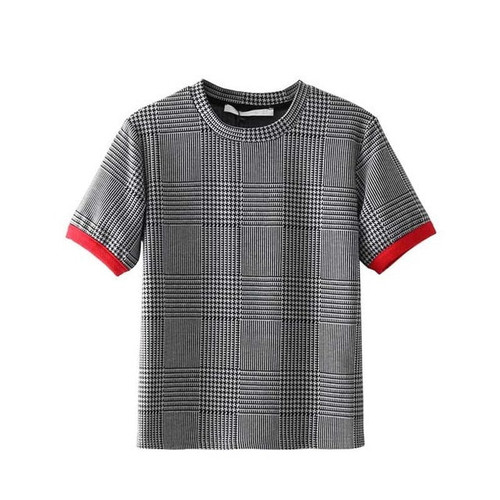 Spring Women Causal Sporty Plaid T-Shirts Striped Pattern Short Sleeve Female Tees Check Fashion Women T-Shirts