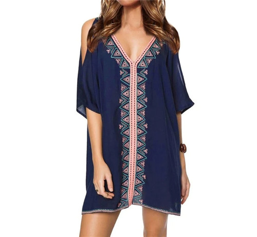 Women Summer Beach Dress Cotton Plus Size Off Shoulder Top Sexy Deep V-neck Blue Beach Party Dress Girl Fashion #N347