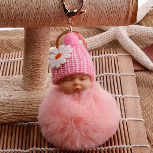 Sleeping Baby Doll Keychain Pompom Faux Rabbit Fur Ball  Baby Toy Women Trinket Bag Charms