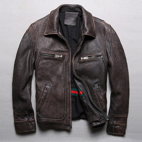 Retro Vintage Brown Genuine Leather Jacket Motorcycle Jackets Thick Winter Coats