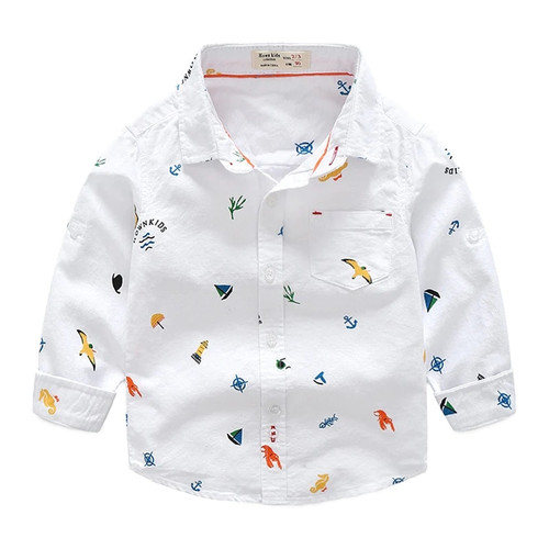 Baby Boys Shirts 100% Pure Cotton Kids Long Sleeve Cartoon Shirt Toddler Boy White Turn-down Collar Children Clothes 2-6Y Tops