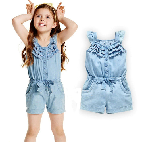 Toddler Kids Girl Cotton Washed Jeans Denim Casual Bow jumpsuit Romper Quote New