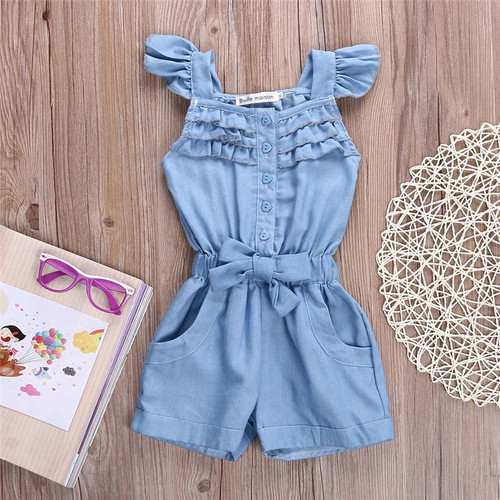 Toddler Kids Girl Cotton Washed Jeans Denim Casual Bow jumpsuit Romper Quote New