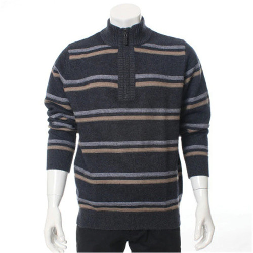 Cashmere thick knit men fashion striped zipper half-high collar pullover sweater dark grey