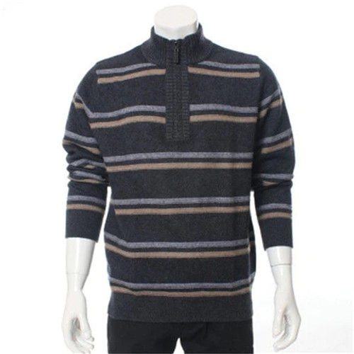 Cashmere thick knit men fashion striped zipper half-high collar pullover sweater dark grey