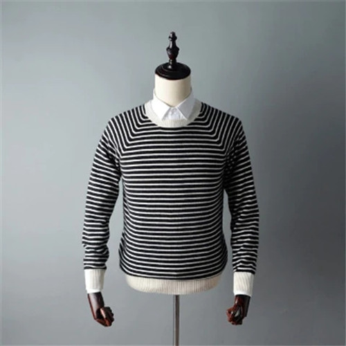 100%cashmere Oneck knit men striped H-straight pullover sweater