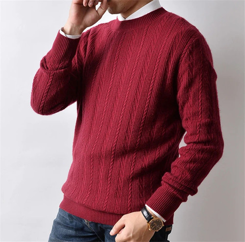 100%cashmere dark striped twisted knit men Oneck solid H-straight pullover sweater