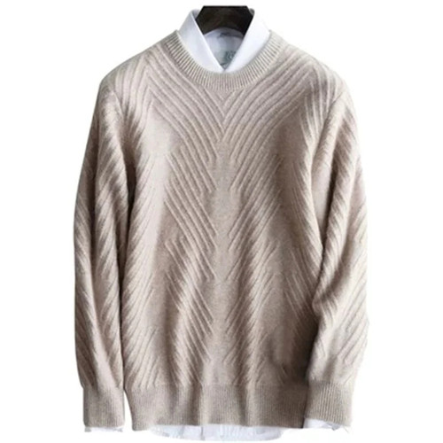 Pure cashmere knit men fashion solid Oneck loose thick pullover sweater blue