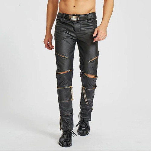 Stylish Zipper Leather Pants Men Slim Pu Pants Motorcycle Club Punk Rock Long Trousers Waistline Sexy Trouser Mens Bottoms