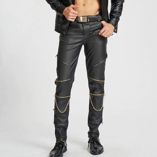 Stylish Zipper Leather Pants Men Slim Pu Pants Motorcycle Club Punk Rock Long Trousers Waistline Sexy Trouser Mens Bottoms