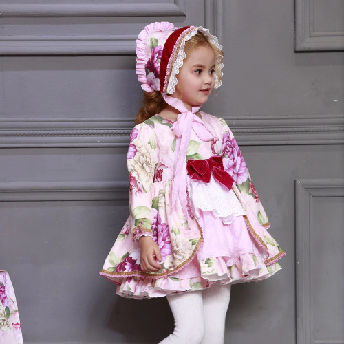 Kids Boutique Floral Dress for Girls Children Spanish Palace Long Sleeve Gown Sets Baby Birthday Cute Gown Toddler Clothes