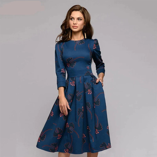 Women flowers printing spring dress Casual 3/4 sleeve simple Summer long dress for female fashion loose Party vestidos