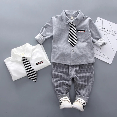 New Spring Baby Boys Clothing Formal Infant Gentleman Tie Shirt Pants 2Pcs/Sets Kids Clothes Cotton Children Leisure Suits